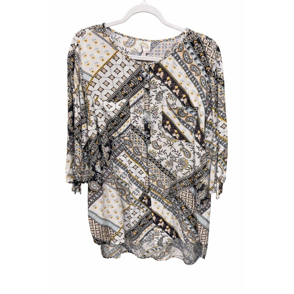 Ivy & Mae 3X Boho Coastal Patchwork Paisley Tunic Top Rayon‎ Tie Sleeves